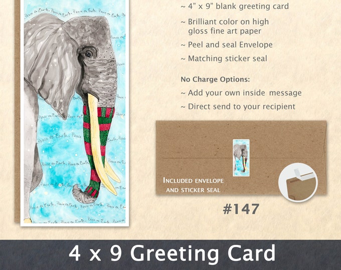 Christmas Card Elephant Peace on Earth Holiday Note Card Blank Watercolor Card Art Card Note Card