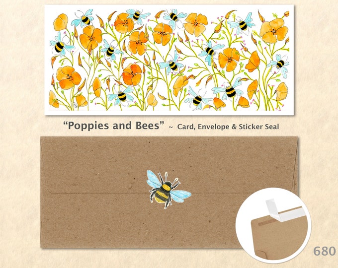 Poppies and Bees Card, Floral Cards, Flower Cards, Garden Cards, Gardening Cards, Flowers and Bees, Greeting Cards