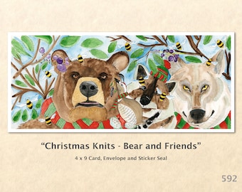 Bear and Friends Card, Christmas Cards, Xmas Cards, Blank Note Card, Art Cards, Greeting Cards