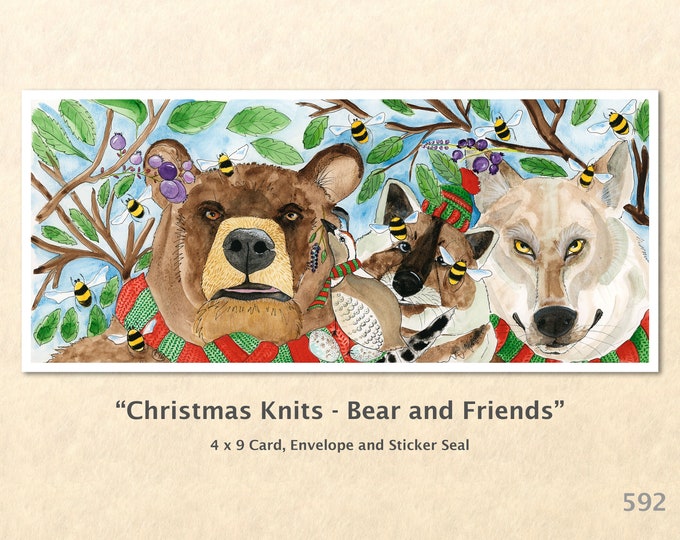 Bear and Friends Card, Christmas Cards, Xmas Cards, Blank Note Card, Art Cards, Greeting Cards