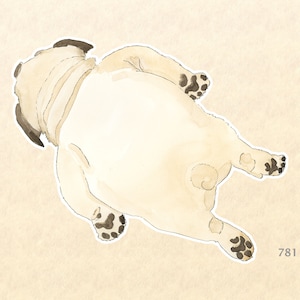 K&ouml;nnte beinhalten: Eine Aquarell-Illustration eines Mops, der auf dem R&uuml;cken liegt und die Beine in die Luft streckt. Der Hund ist hellbraun mit schwarzen Markierungen im Gesicht und an den Pfoten.
