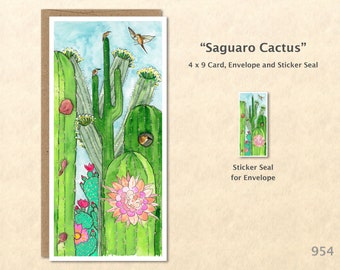 Flowering Saguaro Cactus with Nexting Birds Note Card Customizable Blank Note Card Watercolor Art Greeting Card