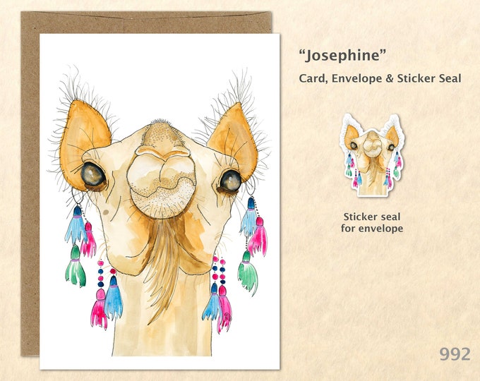 Camel Note Card Decorated Camel with Earrings Customizable Blank Note Card Watercolor Art Greeting Card