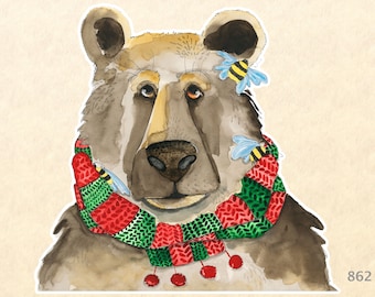 Bear Wearing a Christmas Scarf Sticker Gift Wrapping Sticker Laptop Stickers Water Bottle Stickers Scrapbook Stickers