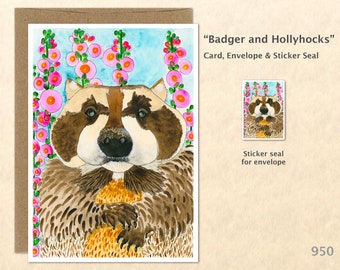 Badger and Hollyhocks Card Cute Animal Card Customizable Blank Note Card Watercolor Art Card Greeting Card