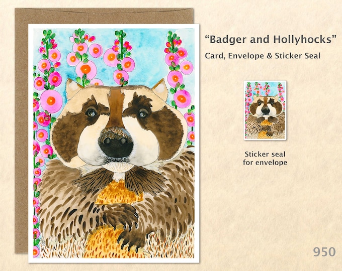 Badger and Hollyhocks Card Cute Animal Card Customizable Blank Note Card Watercolor Art Card Greeting Card