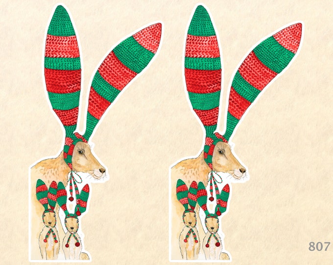 Christmas Hare and Family Set of Two Stickers Gift Wrapping Sticker Laptop Stickers Water Bottle Stickers Scrapbook Stickers