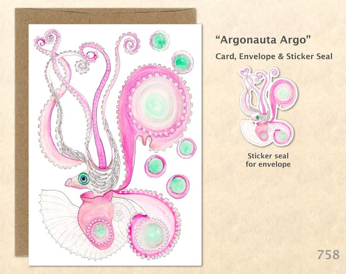 Octopus Note Card Argonauta Argo Biology Illustration Octopus Card Blank Note Card Art Cards Greeting Cards