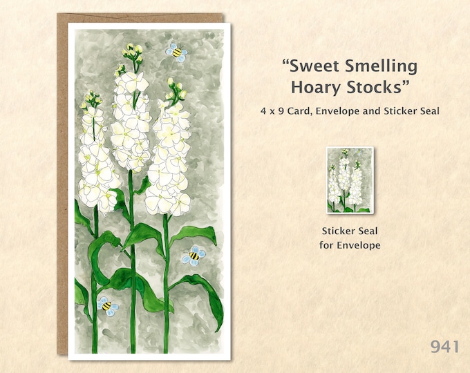 Hoary Stocks Flower and Bees Card Floral Card Customizable Flower Note Card Watercolor Art Greeting Card