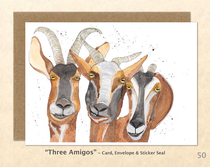 Three Goats Note Card, Goat Cards, Farm Cards, Farm Yard Animals, Blank Note Card, Art Cards, Greeting Cards