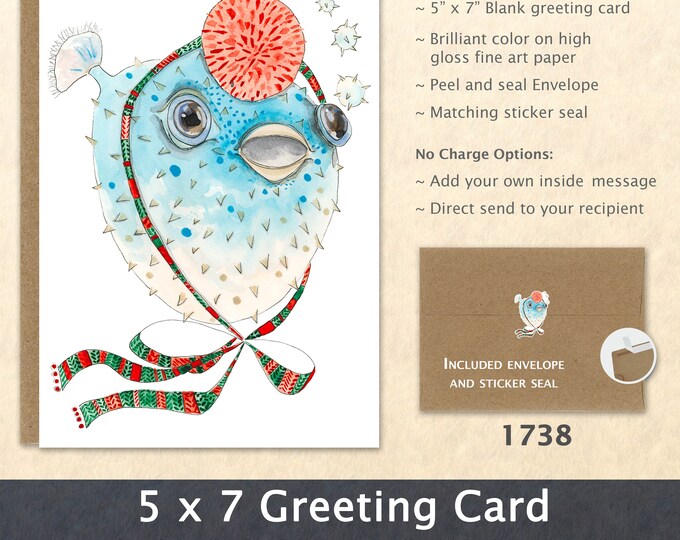 Christmas Puffer Fish Greeting Card  Quirky Xmas Card Cute Animal Card Customizable Blank Note Card Art Card Greeting Card