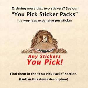 K&ouml;nnte beinhalten: Eine Cartoon-Illustration eines pelzigen Wesens mit einem breiten L&auml;cheln, das "Any Stickers You Pick!" sagt. Der Text "Ordering more that two stickers? See our "You Pick Sticker Packs" it's way less expensive per sticker" befindet sich &uuml;ber dem Wesen. Der Text "Find them in the "You Pick Packs" section. (Link in this items description)" befindet sich unter dem Wesen.