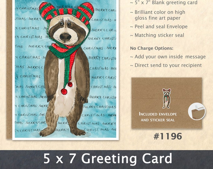 Merry Christmas Card Rocky Racoon Dressed for Christmas Holiday Note Card Blank Watercolor Card Art Card Note Card