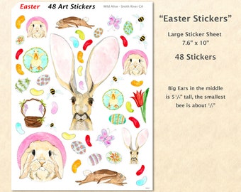 Easter Bunnies Sticker Sheet 48 Stickers Easter Watercolor Art Stickers Rabbit Stickers Bunny Stickers Cute Animal Stickers