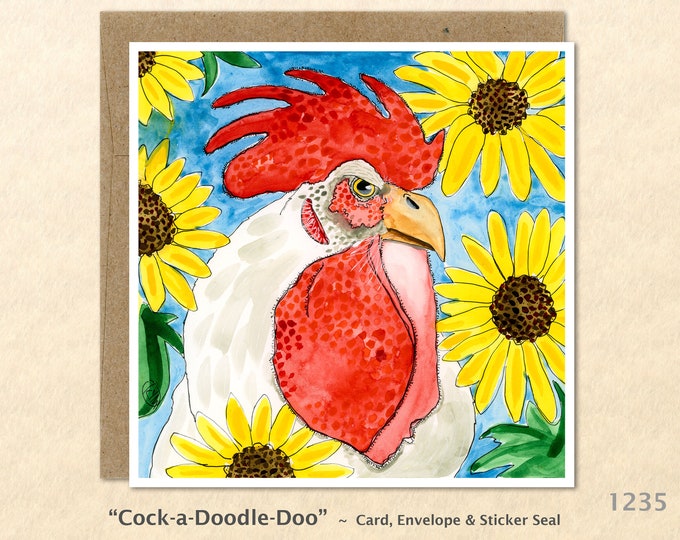 Rooster  and Sunflowers Note Card Customizable Blank Card Chicken Card Farm Card Watercolor Art Note Card Greeting Card