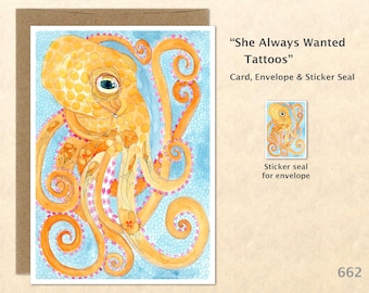 Tattooed Octopus Note Card, Octopus Cards, Tattoo Cards, Blank Note Card, Art Cards, Greeting Cards