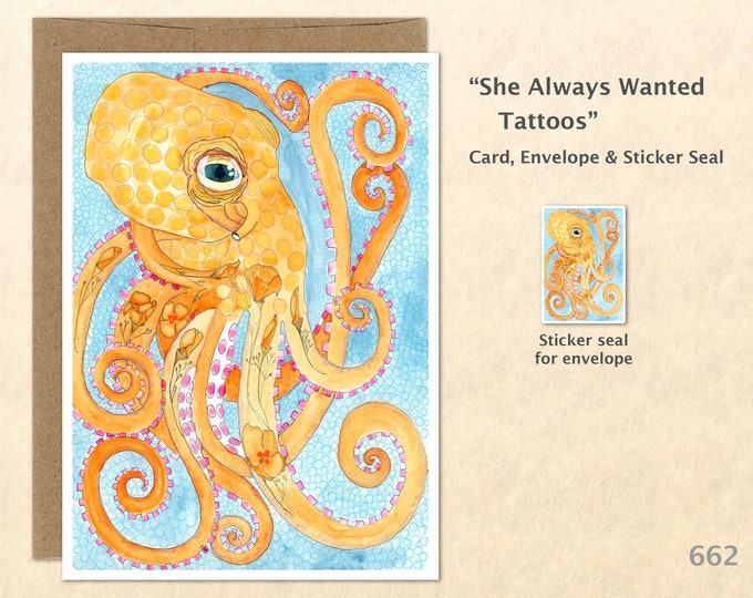 Tattooed Octopus Note Card, Octopus Cards, Tattoo Cards, Blank Note Card, Art Cards, Greeting Cards