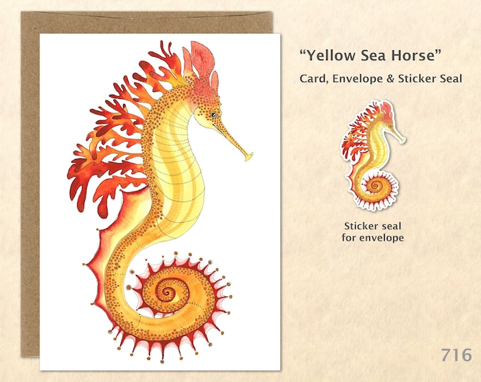 Yellow Sea Horse Note Card Beach Card Nautical Card Customizable Blank Note Card Watercolor Art Card Greeting Card