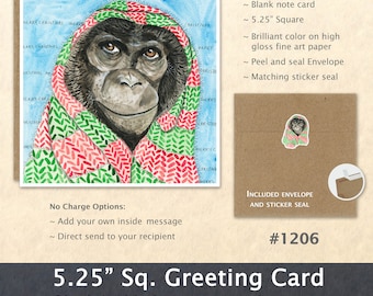 Christmas Card Chimpanzee Wrapped in a Christmas Shawl Holiday Note Card Blank Watercolor Card Art Card Note Card