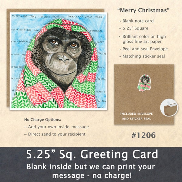 Christmas Card Chimpanzee Wrapped in a Christmas Shawl Holiday Note Card Blank Watercolor Card Art Card Note Card
