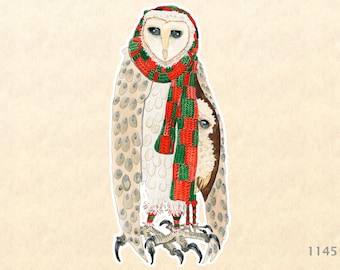 Owl in a Christmas Scarf with Fledgling Under Her Wing Sticker Watercolor Art Sticker Holiday Sticker
