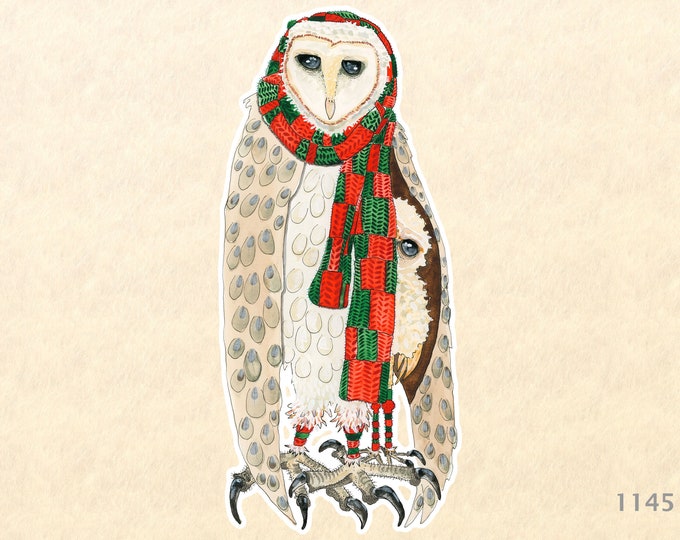 Owl in a Christmas Scarf with Fledgling Under Her Wing Sticker Watercolor Art Sticker Holiday Sticker