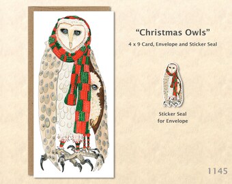 Owl in a Christmas Scarf with Fledgling Under Her Wing Note Card Customizable Holiday Blank Note Card Watercolor Art Greeting Card