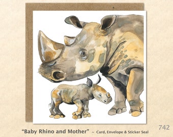 Baby Rhino and Mother Note Card Rhinoceros Card African Animal Wildlife Card Customizable Blank Note Card Watercolor Art Greeting Card