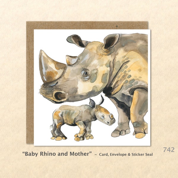 Baby Rhino and Mother Note Card Rhinoceros Card African Animal Wildlife Card Customizable Blank Note Card Watercolor Art Greeting Card