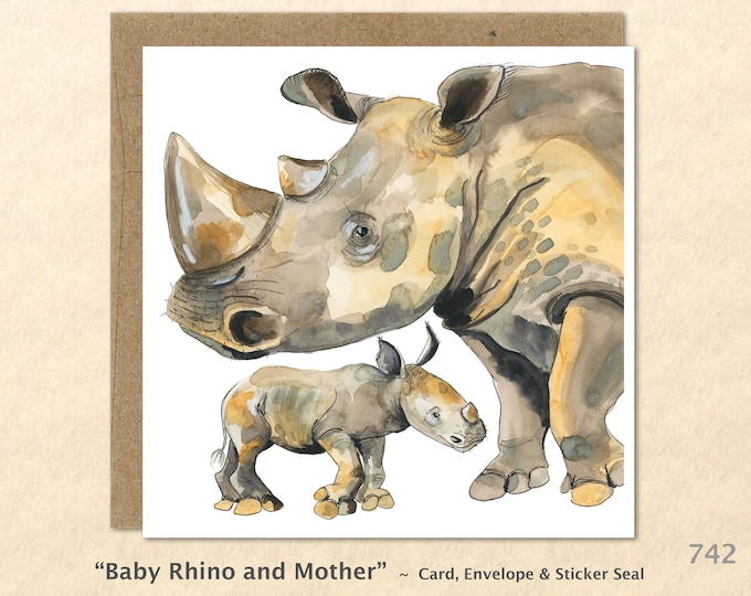 Baby Rhino and Mother Note Card Rhinoceros Card African Animal Wildlife Card Customizable Blank Note Card Watercolor Art Greeting Card