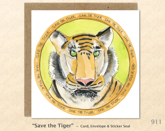 Save the Tiger Note Card Watercolor Art Blank Note Card Art Customizable Greeting Card