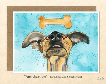 Dog and Bone Note Card, Fun Dog Cards, Cute Animals, Blank Note Card, Art Cards, Greeting Cards