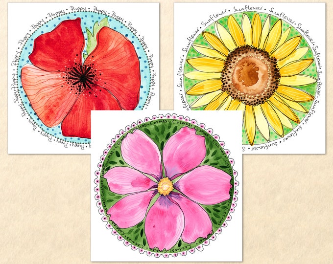 3 Floral Card Set Pick from 9 Flowers Garden Cards Gardening Cards Poppy Cosmos Sunflower Daisy Lily Aster Customizable Watercolor Art Cards