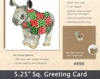 Baby Rhino in a Christmas Sweater Rhinoceros Christmas Card Blank Note Card Art Card Greeting Card Watercolor Card Holiday Card