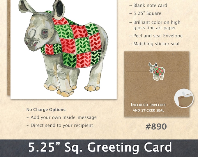 Baby Rhino in a Christmas Sweater Rhinoceros Christmas Card Blank Note Card Art Card Greeting Card Watercolor Card Holiday Card