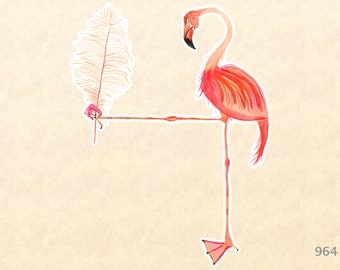 Pink Flamingo Holding a Feather Sticker Watercolor Art Water Bottle Sticker Scrapbook Sticker iPhone Android Macbook Decal