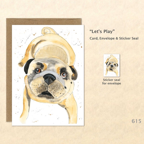 Playful Pug Dog Note Card Cute Dogs Dog Cards Fun Animals Blank Note Card Art Cards Greeting Cards Watercolor Painting