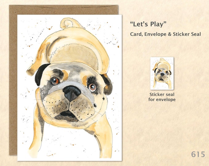 Playful Pug Dog Note Card Cute Dogs Dog Cards Fun Animals Blank Note Card Art Cards Greeting Cards Watercolor Painting