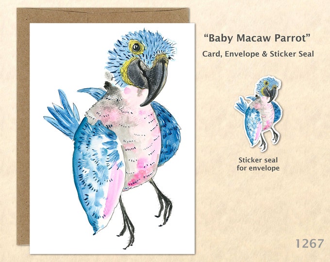 Baby Parrot Note Card Blue Macaw Parrot Card Tropical Bird Card Customizable Blank Card Watercolor Art Card Blank Note Card