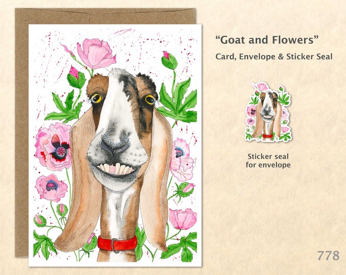 Goat and Pink Flowers Card Goat Card Goofy Goat Farm Card Floral Card Flower Card Farm Animal Card Blank Note Card Art Card Greeting Card