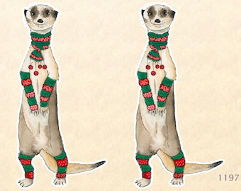 Meerkats Dressed for Christmas Set of Two Stickers Decorative Gift Wrapping Sticker Scrapbook Stickers Watercolor Art Sticker