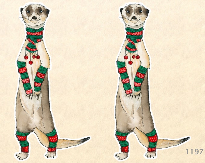 Meerkats Dressed for Christmas Set of Two Stickers Decorative Gift Wrapping Sticker Scrapbook Stickers Watercolor Art Sticker