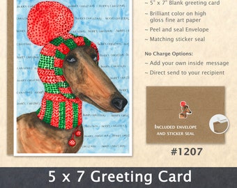 Merry Christmas Card Dachshund Dressed for Christmas Doxen Holiday Note Card Customizable Blank Watercolor Card Art Card Cute Dog Card