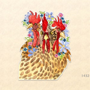May include: A watercolor illustration of three chickens with red combs and wattles, surrounded by blue and pink flowers. The chickens are brown and white with a speckled pattern.