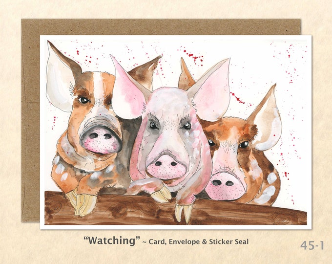 Three Pigs Note Card, Pig Cards, Farm Cards, Farm Animals, Blank Note Card, Art Cards, Greeting Cards