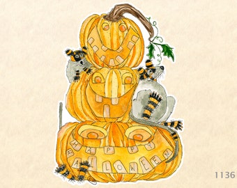 Joyeux Jack-O-Lanterns empilés d’Halloween avec des rats habillés pour un tour ou une friandise