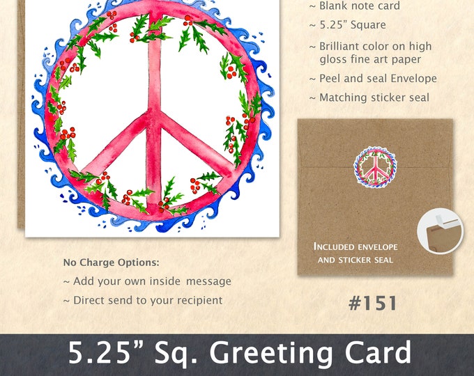 Peace Sign and Holly Christmas Card Card Blank Note Card Art Card Greeting Card Watercolor Card Holiday Card