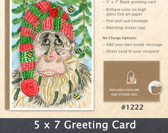 Bigfoot in a Christmas Cap Note Card Holiday Note Card Blank Watercolor Card Art Card