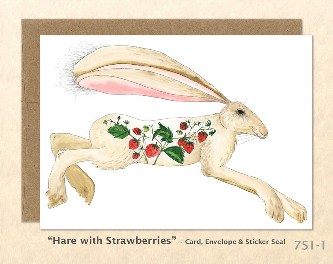 Hare and Strawberries Card Rabbit Card Bunny Card Farm Card Blank Note Card, Wildlife Card Cute Cards Art Cards, Greeting Cards