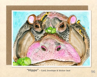 Hippopotamus  Note Card, Hippo Cards, African Animal Cards, Blank Note Card, Art Cards, Greeting Cards